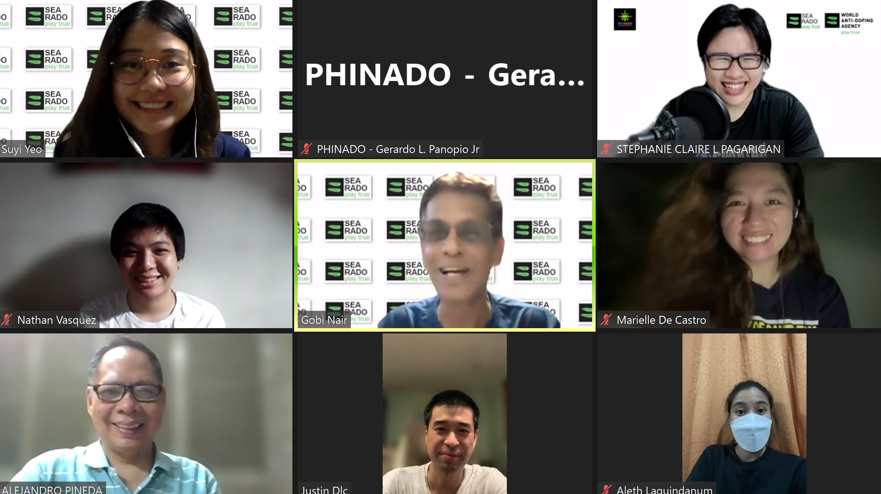 A video call grid showing seven participants, including Gobi Nair as the active speaker, with SEA RADO branding visible.